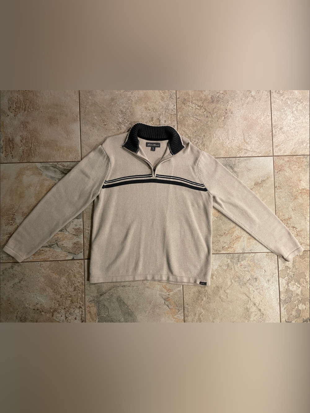 Eddie Bauer Men's Cream Zip-Up Sweater with Black Trim